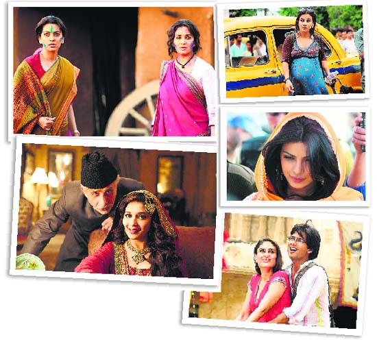 Clockwise from top: Madhuri Dixit with Juhi Chawla in Gulab Gang; Vidya Balan in Kahaani; Priyanka Chopra in 7 Koon Maaf; Kareena Kapoor and Shahid Kapoor in Jab We Met; and Madhuri Dixit with Naseeruddin Shah in Dedh Ishqiya