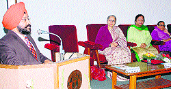 Prof Balwinder S Tiwana, Director, Academic Staff College, Punjabi University, Patiala, addresses a seminar at Guru Nanak Dev University in Amritsar on Sunday