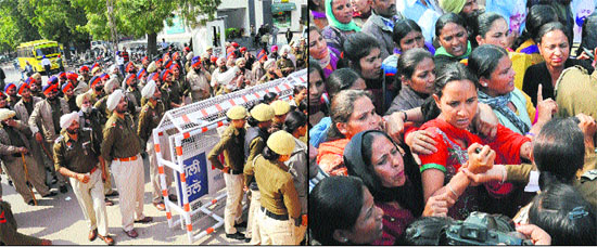 Heavy police force deployed to tackle the protesters in Bathinda on Sunday; and (right) women protesters argue with the police personnel outside Nehru Childrens Park in the Civil Station area. 
