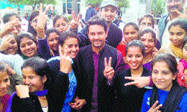 Anurag Thakur, national president, BJYM, with supporters at Baddi on Sunday.