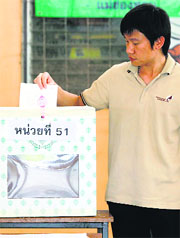 A man casts his ballot at a polling station in Samut Sakhon province, on the outskirts of Bangkok, on Sunday. 