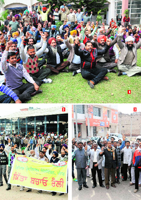 (1) The ministerial staff stage a protest against the Punjab Government; (2) members of the Medical Practitioners Association Punjab hold a march before courting arrest; (3) safai karamcharis protest outside the office of the Municipal Corporation in Bathinda on Monday.