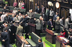 PDP legislators protesting in the state legislative Assembly in Jammu on Monday. A Tribune photograph