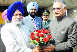 Speaker Charanjit Atwal welcomes Governor Shivraj Patil at the Punjab Vidhan Sabha in Chandigarh on Monday.