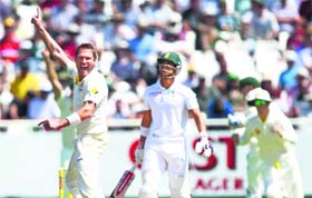 Australia's Ryan Harris celebrates the dismissal of South Africa's JP Duminy on Day 3 of the third Test in Cape Town on Monday