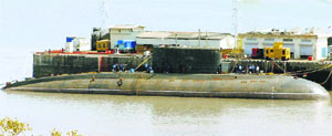 INS Sindhuratna, which suffered a mishap, is docked at the Naval dockyard, Mumbai