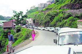 A traffic jam at Sanjauli in Shimla on Tuesday