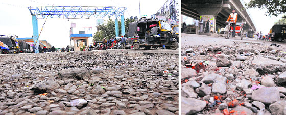 Potholed roads near the bus stand in Jalandhar. Tribune Photos: Malkiat Singh