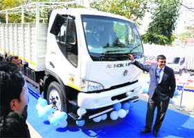Managing director of Ashok Leyland Vinod K Dasari poses with the newly launched intermediate commercial vehicle Boss in Ludhiana on Tuesday