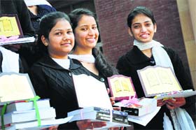 Students with their certificates and prizes at the Khalsa College for Women in Ludhiana
