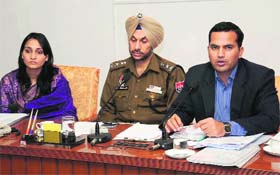 ADC Sonali Giri, SSP Gurpreet Singh Bhullar and DC KK Yadav address mediapersons about the election Code of Conduct in Bathinda on Wednesday