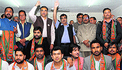 Former BJP president Nitin Gadkari (centre) with party supporters at the BJP office, Sector 33, Chandigarh, on Wednesday