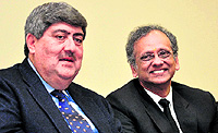 Justice Sanjay Kishan Kaul, Chief Justice, Punjab and Haryana High Court (left) and Justice K Kannan during a book release function at the High Court in Chandigarh on Wednesday