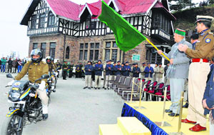 Chief Minister Virbhadra Singh flags off a fleet of motorcycle riders policemen at the historic Ridge in Shimla on Wednesday.