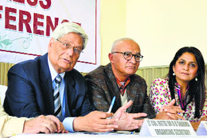 Members of the Nehru Siddhant Kender at a press conference in Ludhiana on Wednesday.