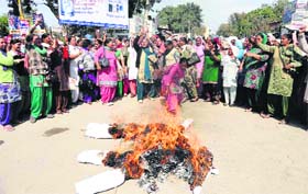 Anganwari workers and helpers burning effigies of Deputy Chief Minister Sulhbir Singh Badal and Finance Minister Parminder Singh Dhindsa in Sangrur on Wednesday
