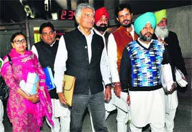 From left: Congress MLAs Harchand Kaur, Sunil Jakhar, Jagmohan Singh Kang, Amrinder Singh Raja Warring, Gurkirat Singh and Ajit Singh Mofar at the Vidhan Sabha on Wednesday