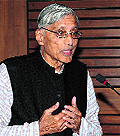 Prof Rajmohan Gandhi speaks during a programme at Guru Nanak Dev University in Amritsar on Thursday