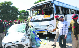 The car and the bus that met with an accident in Phase VII, Mohali, on Thursday.