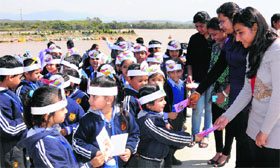 Students of Dikshant International School at the Sukhna Lake in Chandigarh on Thursday.