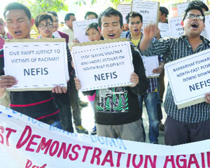 Northeast students shouting during a protest against the Delhi Police inaction regarding the unfortunate incident which happened last Friday in Vijay Nagar, outside the PHQ in New Delhi on Thursday.