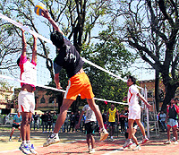 A match in progress in the Thakur Puran Singh Memorial Volleyball Tournament at DAV (PG) College in Dehradun on Thursday