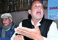 Uttrakhand Parivartan Party president PC Tiwari addresses a press conference in Dehradun on Thursday