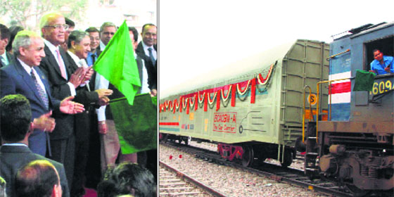 Arunendra Kumar, chairman, Railway Board, and R C Bhargava, chairman, Maruti Suzuki, flag off Indias first flexi deck auto-wagon (right) from Gurgaon Railway Station on Wednesday.