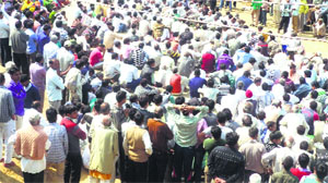 Villagers block road at Kosli village in Rewari on Thursday. 