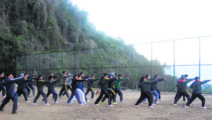 Trainee forest guards undergo karate training at Forest Training Institute and Ranger College at Sundernagar.