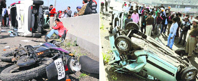 Sitting on the roadside, Jasdeep Kaur, who was driving a Ford car which met with an accident on the elevated road; (right) A view of the mishap that claimed the lives of two motorcycle-borne persons in the mishap in Amritsar on Friday.