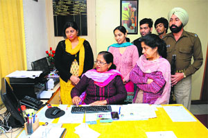 The staff of the State Bank of Patiala (SBoP) all-women branch at Model Town, phase II, Bathinda, on Friday. 