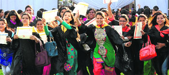 Students of the PGGCG-42 in a jubilant mood after receiving their degrees during the annual convocation held on college campus on Friday.
