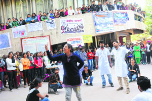 Students enact a street play, Bekhauf Azadi, at Student Centre in Panjab University, Chandigarh, on Friday.