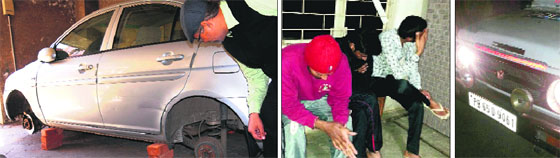 The car that was targeted by thieves in Pushpac Society, Sector 49, Chandigarh; (centre) the three youths who came to “rescue” the thief caught by residents; and (right) the Punjab Police Gypsy used by them.