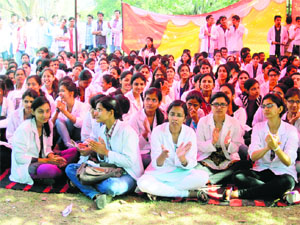PGIMS doctors sit on a fast in Rohtak on Friday.