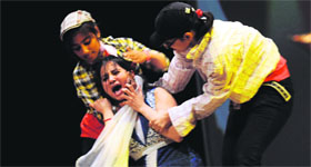 Students enact a scene from a play during a farewell function at the Khalsa College for Women in Ludhiana.