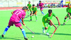 A match in progress during the fourth Hockey India Senior Men National Championship in Lucknow on Thursday. Tribune photo