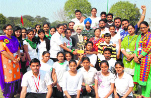 Students of Mastermind College of Education being felicitated during the annual athletic meet at Gehri Buttar in Bathinda on Saturday.