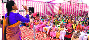 State Congress chief Ashok Tanwars wife Avantika Maken Tanwar addresses a gathering in Sirsa on Saturday.