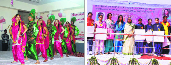 Students presented a cultural programme at Guru Nanak Khalsa Group of Educational Institutions in Yamunanagar; and (right) Flag Foundation of India vice-president Shalu Jindal and Savtri Jindal pose for a photograph with women during a rally in Kaithal on Saturday.