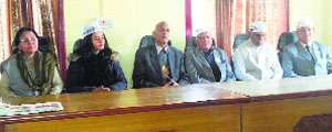 Himachal Lokhit Party senior vice-president Subhash Sharma and other party members interact with mediapersons in Palampur on Saturday.