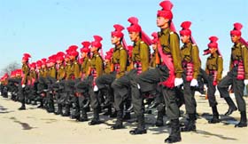 Recruits from the Jammu and Kashmir Light Infantry Regiment during a passing-out parade on the outskirts of Srinagar on Saturday