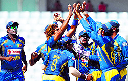 Sri Lanka players celebrate the dismissal of Pakistan's Ahmed Shehzad on Saturday