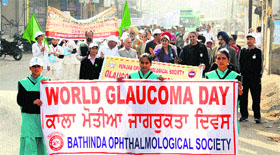 An awareness rally being taken out on the occasion of the World Glaucoma Day in Bathinda on Sunday.