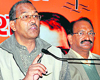 BJP national secretary Trivendra Singh Rawat addresses a press conference at the party office in Dehradun on Saturday