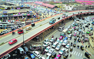 Long queues of vehicles stuck in a traffic jam on a road in Srinagar.