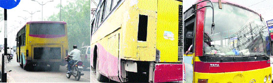 Smoke being emitted by a city bus; broken indicater and bumper of a bus; and (right) broken mirror of a bus that ply in Jalandhar.