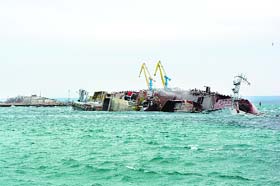 Ships, which the Ukrainian navy claims were deliberately sunk by Russia on the Crimean coast, to block Ukrainian ships