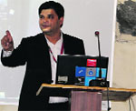 A Nokia telecom officer addresses students and the staff at BFGI in Bathinda on Monday. Tribune photo: Pawan Sharma